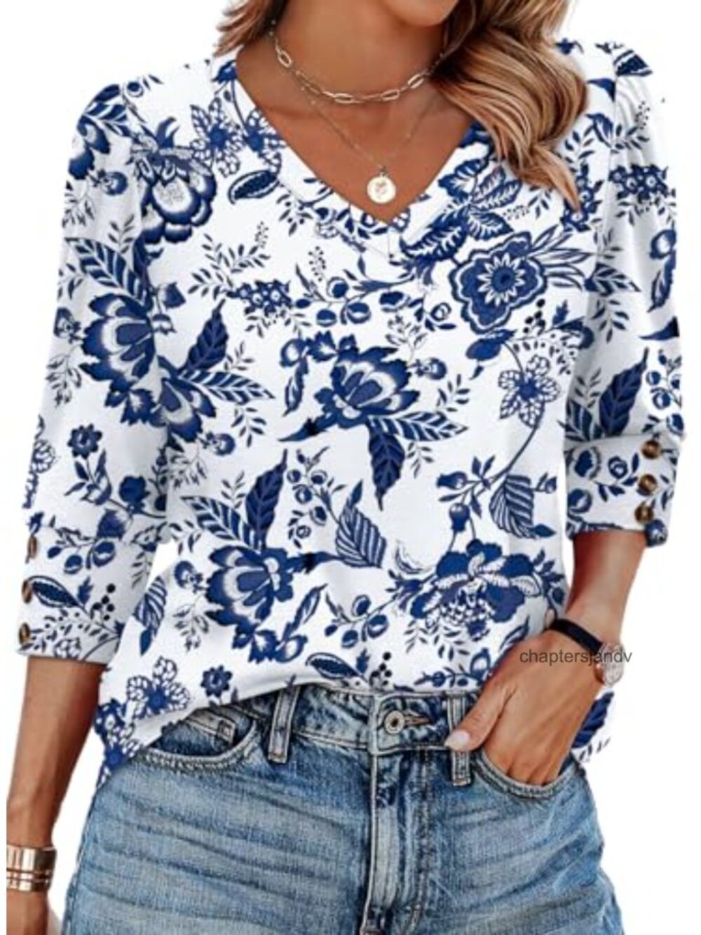 Women's 3/4 Sleeve V-Neck Blouse with Buttons Casual Summer Top